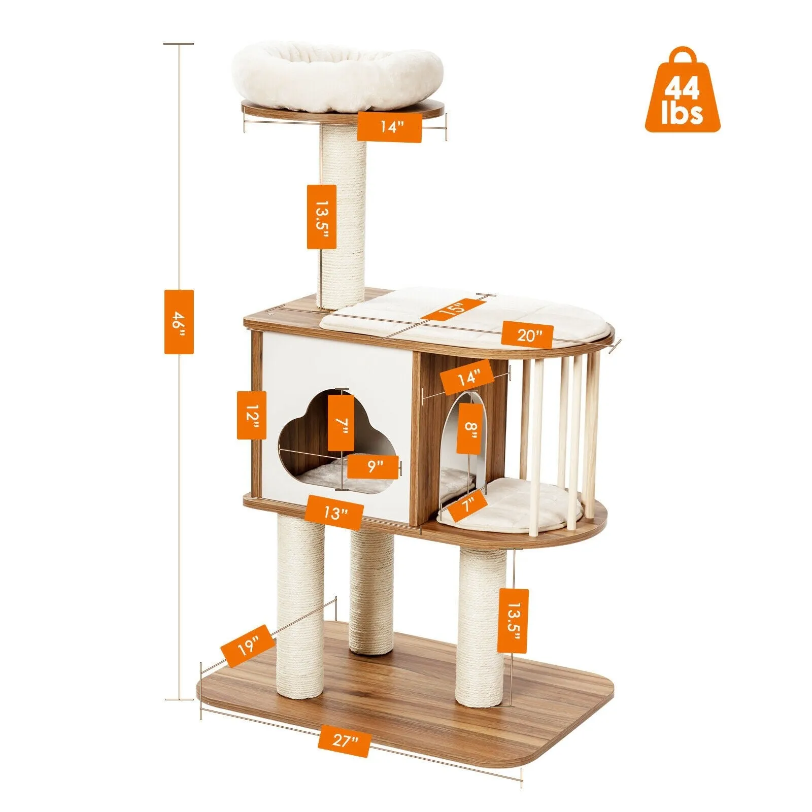 46" Wooden Cat Tree with Platform and Cushions - Brown