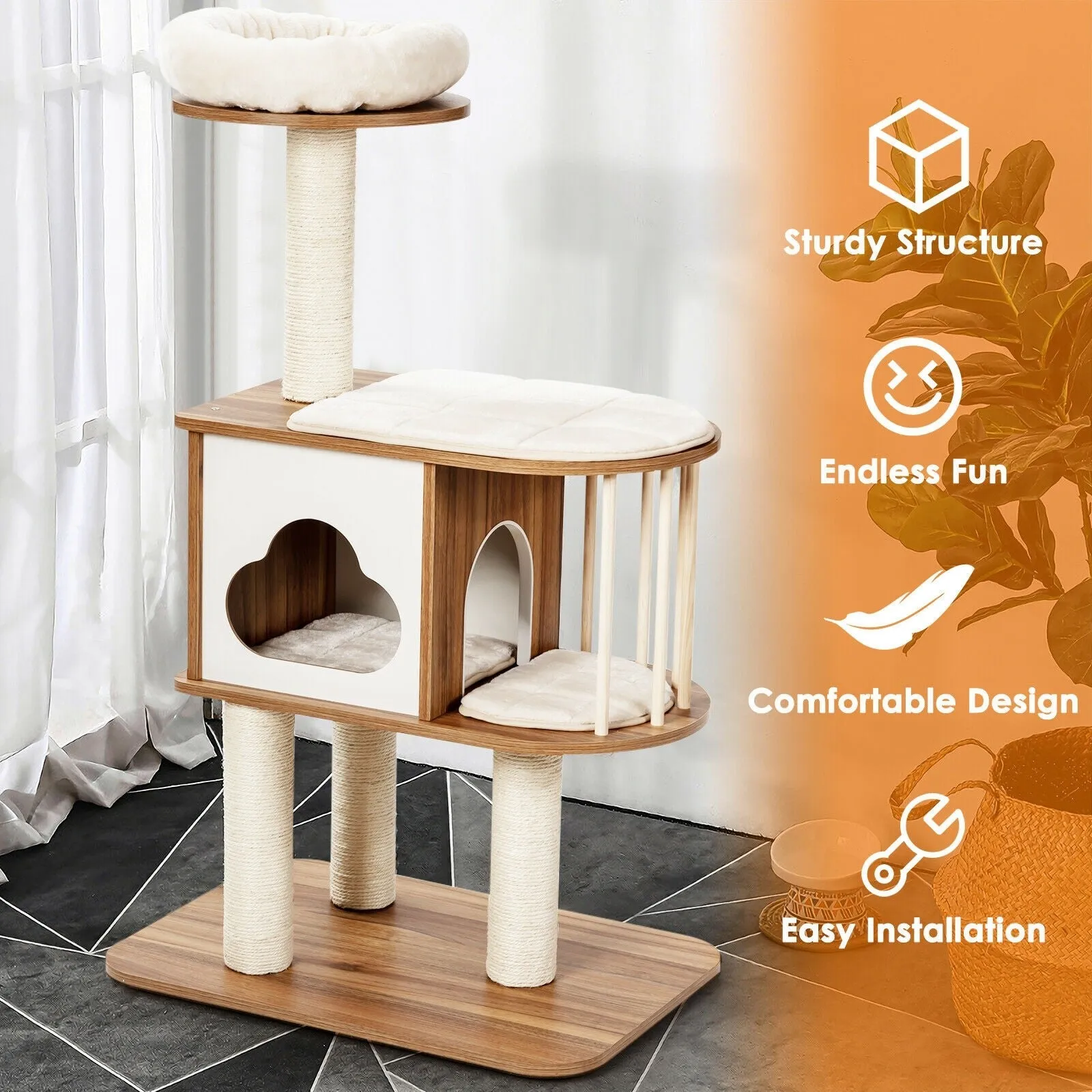 46" Wooden Cat Tree with Platform and Cushions - Brown