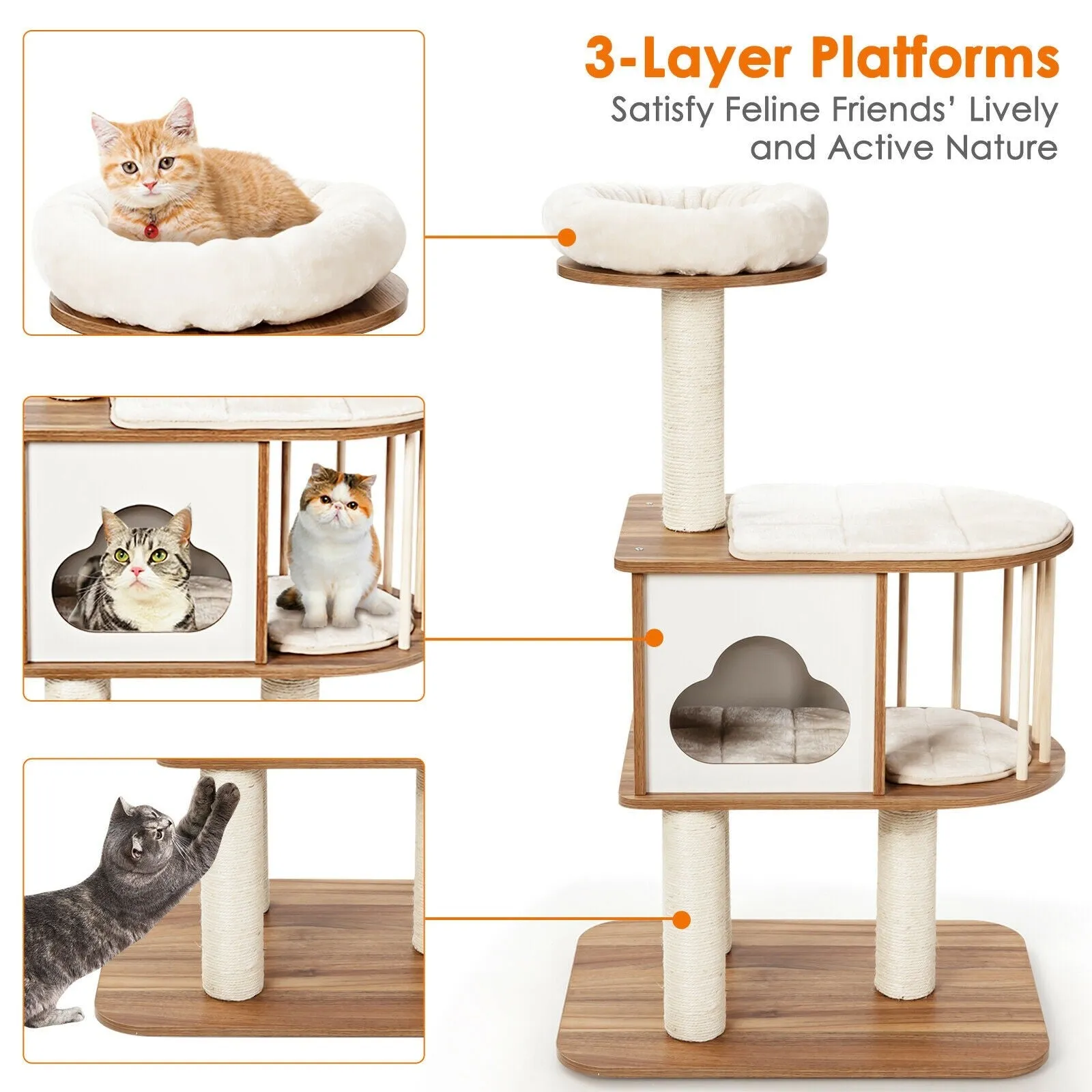 46" Wooden Cat Tree with Platform and Cushions - Brown