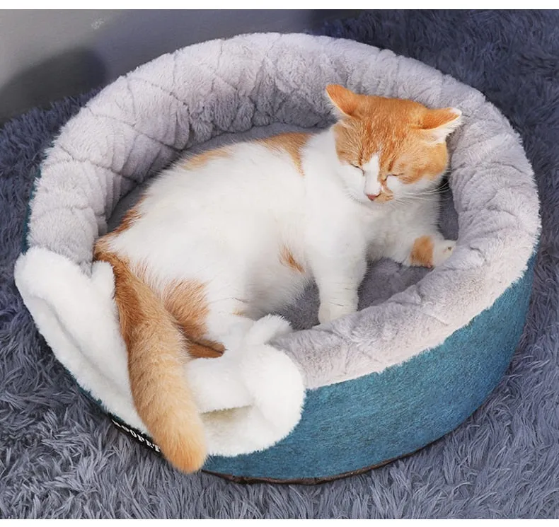 Fluffy Ears Comfy Convertible Cat Cave With Cooling Mat
