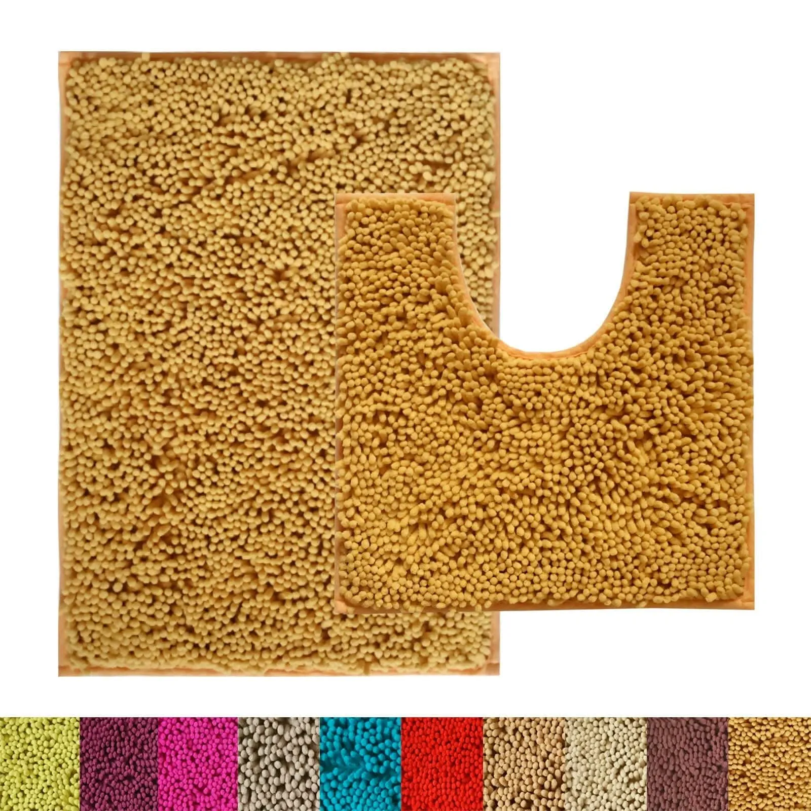 Lushomes Bathroom Mat Set: High Pile Microfiber, Anti-Skid, Contour Footmat, Light Brown (16 x 24 Inch Bathmat, 16 x 16 Inch Contour Mat)"