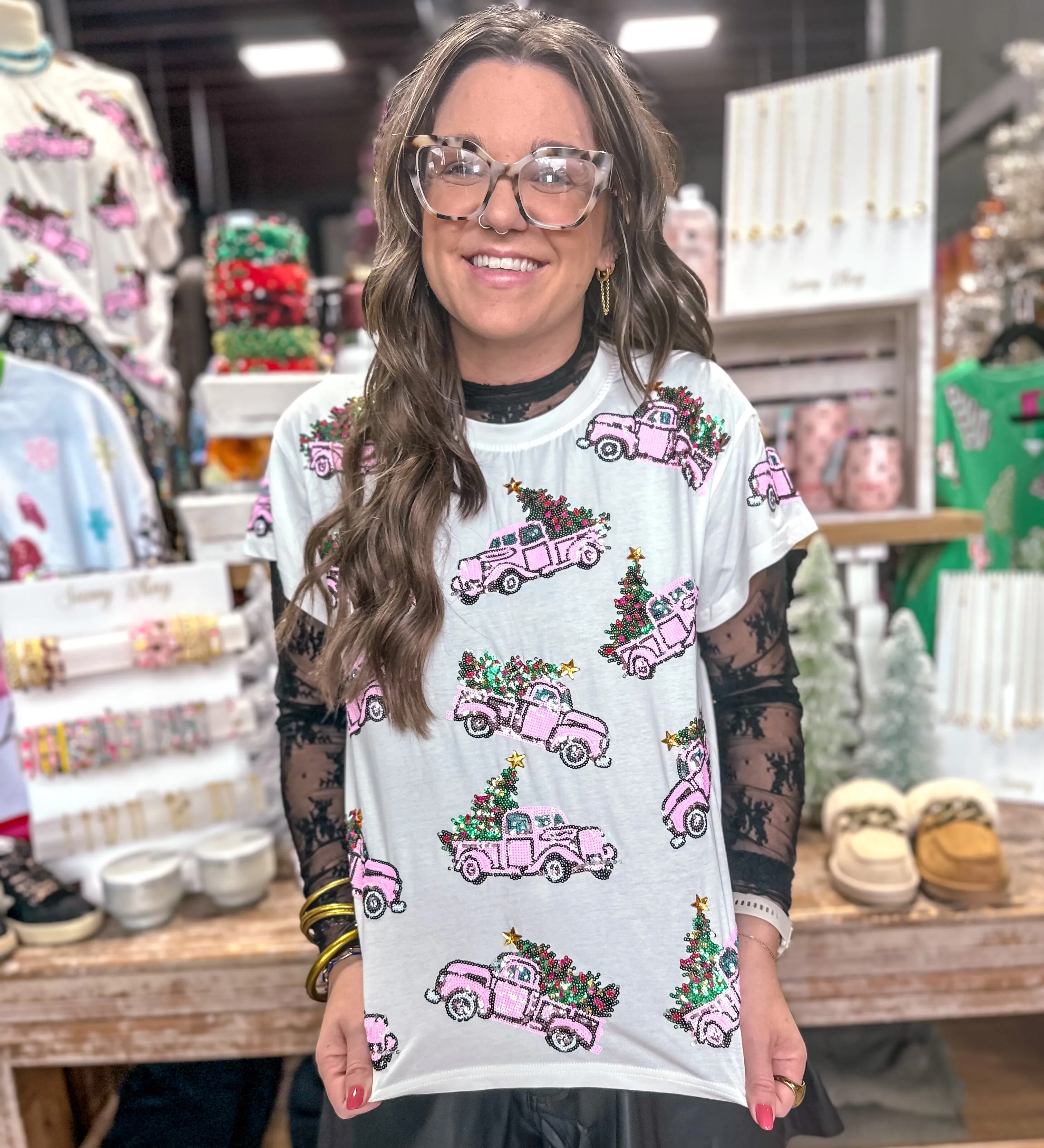 Queen Of Sparkles: White Trucks With Christmas Trees Tee